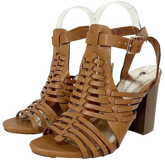 Big Buddha Strappy Block Heel Gladiator Sandal Camel Tan Faux Leather Size 8.5 - Picture 4 of 12